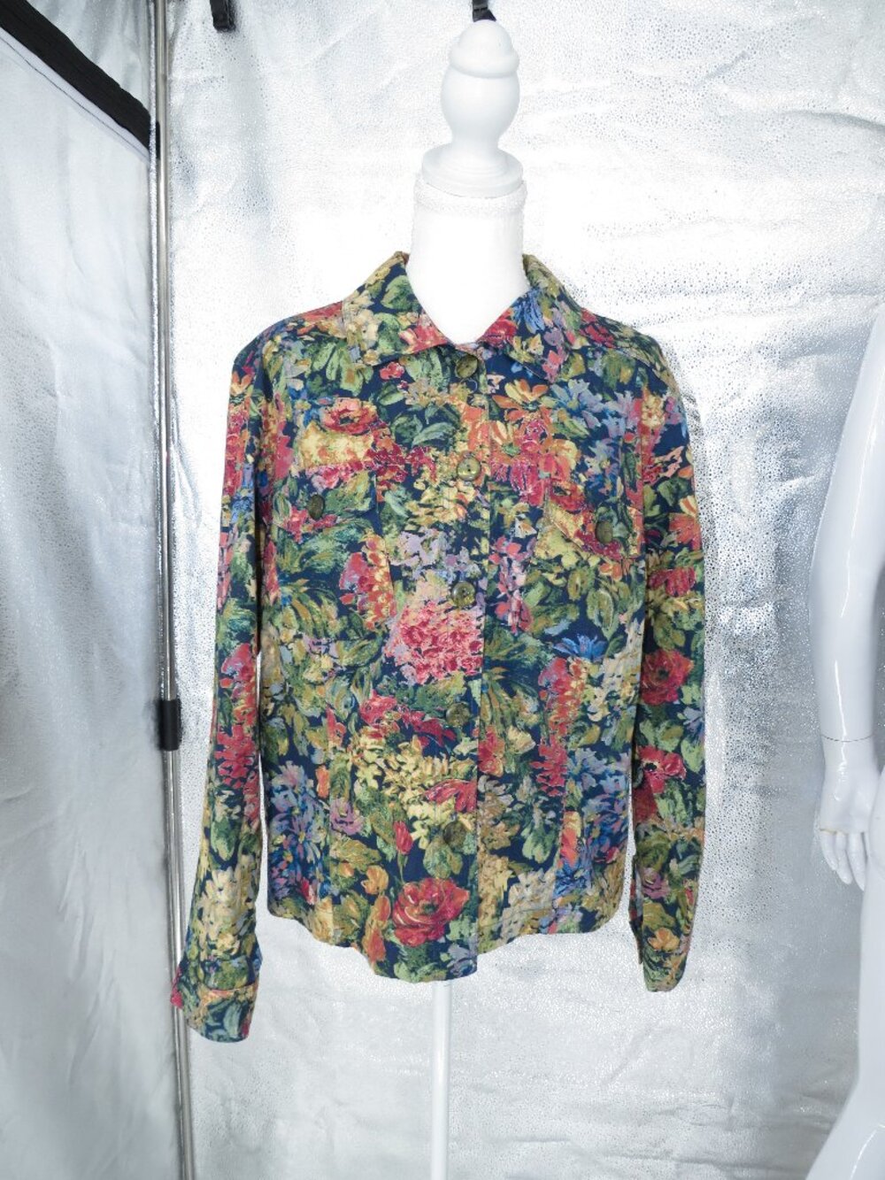 Vintage Coldwater Creek Floral Tapestry Jacket Blue Size PL Cottagecore Lightwei
